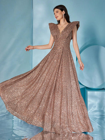 Deep V-Neck Lace Sleeve Sparkly Sequin Flared Party Prom Dress
