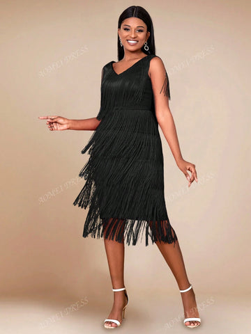 Deep V-Neck Patchwork Fringe Hem Bodycon Split Dress