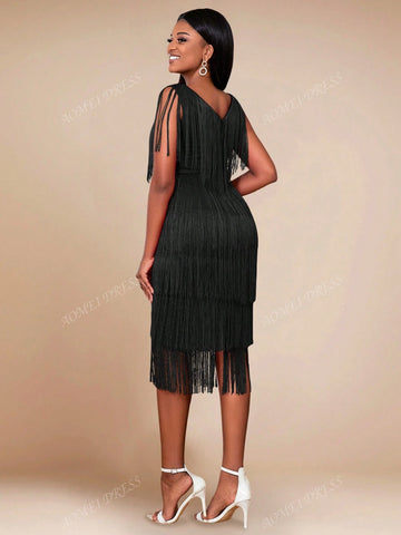 Deep V-Neck Patchwork Fringe Hem Bodycon Split Dress