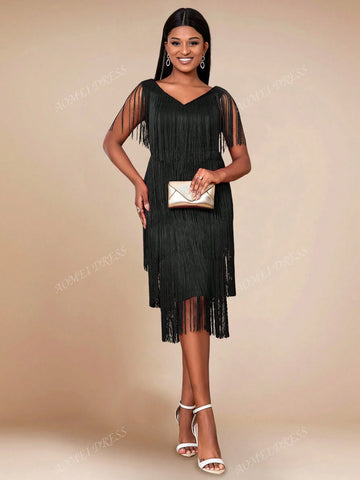 Deep V-Neck Patchwork Fringe Hem Bodycon Split Dress