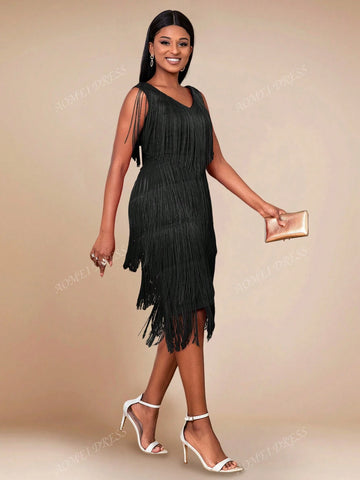 Deep V-Neck Patchwork Fringe Hem Bodycon Split Dress