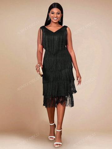 Deep V-Neck Patchwork Fringe Hem Bodycon Split Dress