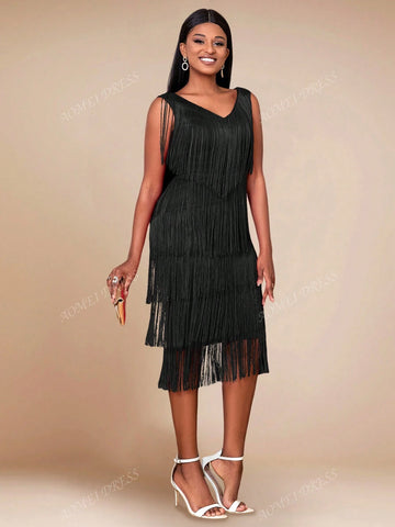 Deep V-Neck Patchwork Fringe Hem Bodycon Split Dress