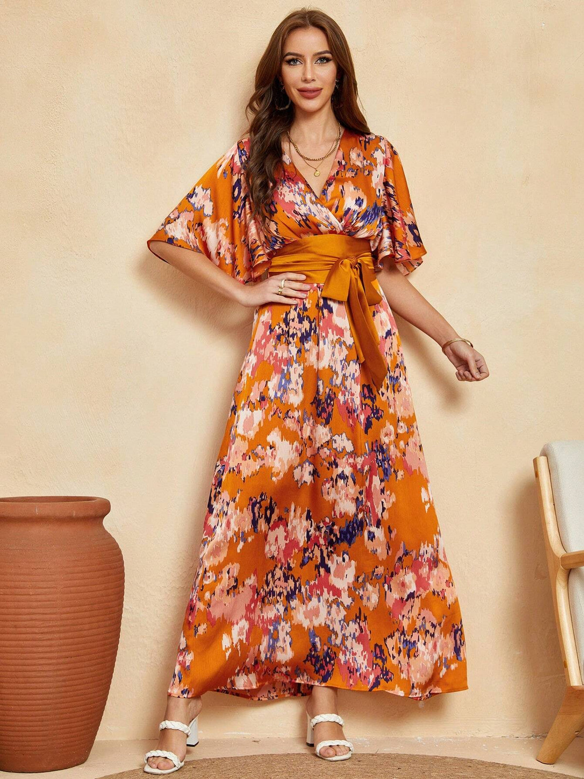 Deep V-Neck Printed Bell Sleeve Maxi Bohemian Casual Dress With Waist Tie, High Slit Beach Vacation Dress For Spring And Summer(Irregular Pattern)