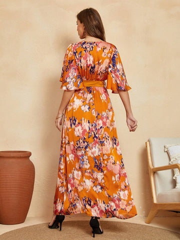 Deep V-Neck Printed Bell Sleeve Maxi Bohemian Casual Dress With Waist Tie, High Slit Beach Vacation Dress For Spring And Summer(Irregular Pattern)