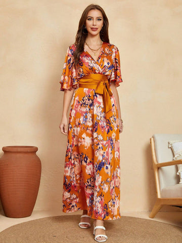 Deep V-Neck Printed Bell Sleeve Maxi Bohemian Casual Dress With Waist Tie, High Slit Beach Vacation Dress For Spring And Summer(Irregular Pattern)