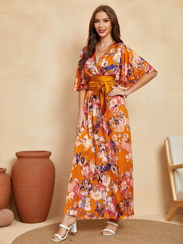 Deep V-Neck Printed Bell Sleeve Maxi Bohemian Casual Dress With Waist Tie, High Slit Beach Vacation Dress For Spring And Summer(Irregular Pattern)