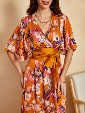 Deep V-Neck Printed Bell Sleeve Maxi Bohemian Casual Dress With Waist Tie, High Slit Beach Vacation Dress For Spring And Summer(Irregular Pattern)