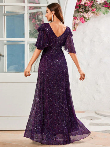Deep V-Neck Shimmering Silk Formal Evening Party Dress