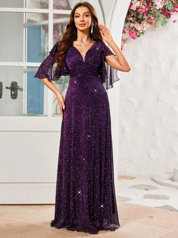 Deep V-Neck Shimmering Silk Formal Evening Party Dress
