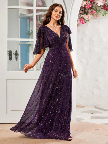 Deep V-Neck Shimmering Silk Formal Evening Party Dress