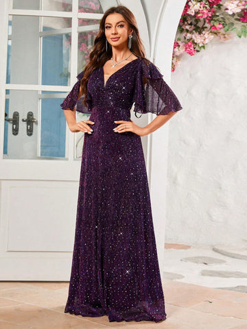 Deep V-Neck Shimmering Silk Formal Evening Party Dress