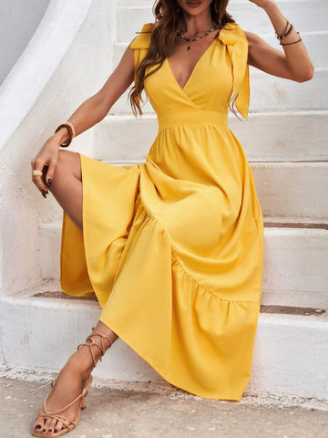 Deep V-Neck Sleeveless Dress With Bowknot On Shoulder