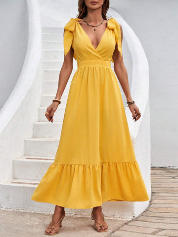Deep V-Neck Sleeveless Dress With Bowknot On Shoulder