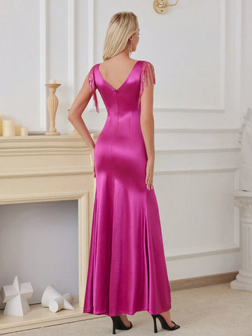 Deep V-Neck Sleeveless Sequin Fringe Slit Maxi Bodycon Evening Dress