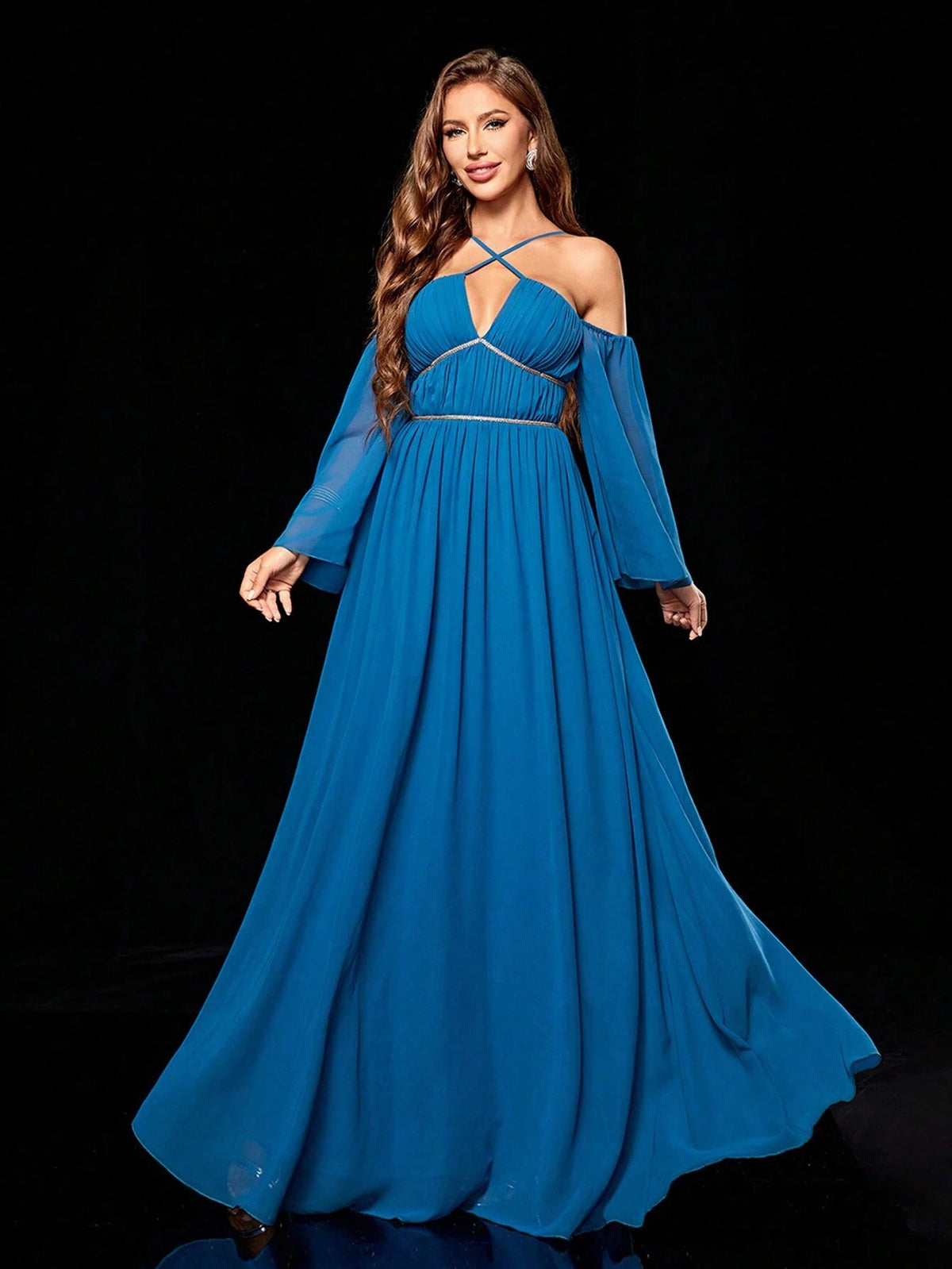 Deep V-neckline Spaghetti Strap Maxi Dress With Bust Ruched Detail And Weaved Belted Long Trumpet Sleeves