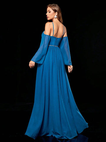 Deep V-neckline Spaghetti Strap Maxi Dress With Bust Ruched Detail And Weaved Belted Long Trumpet Sleeves