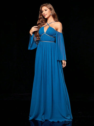 Deep V-neckline Spaghetti Strap Maxi Dress With Bust Ruched Detail And Weaved Belted Long Trumpet Sleeves