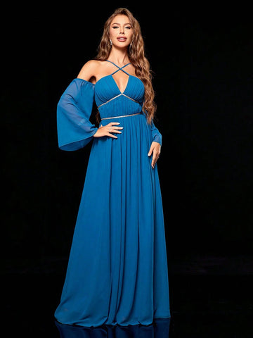 Deep V-neckline Spaghetti Strap Maxi Dress With Bust Ruched Detail And Weaved Belted Long Trumpet Sleeves
