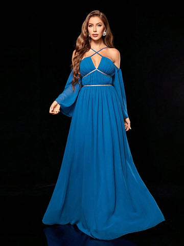 Deep V-neckline Spaghetti Strap Maxi Dress With Bust Ruched Detail And Weaved Belted Long Trumpet Sleeves