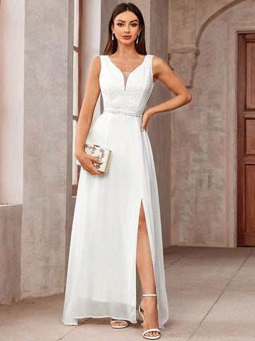 Deep V Neck Lace Bodice Sleeveless Chiffon Split Thigh Wedding Long Dress White Elegant Bridal Dress