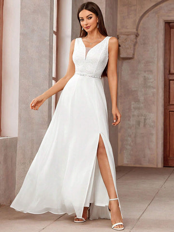 Deep V Neck Lace Bodice Sleeveless Chiffon Split Thigh Wedding Long Dress White Elegant Bridal Dress