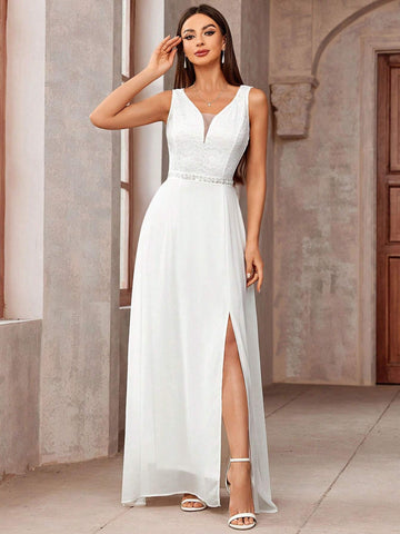 Deep V Neck Lace Bodice Sleeveless Chiffon Split Thigh Wedding Long Dress White Elegant Bridal Dress