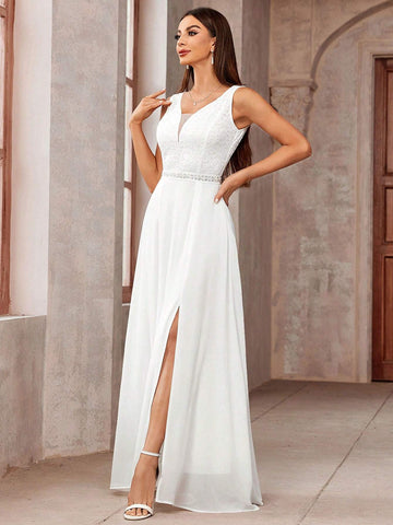 Deep V Neck Lace Bodice Sleeveless Chiffon Split Thigh Wedding Long Dress White Elegant Bridal Dress