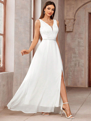 Deep V Neck Lace Bodice Sleeveless Chiffon Split Thigh Wedding Long Dress White Elegant Bridal Dress