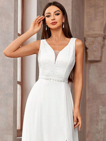 Deep V Neck Lace Bodice Sleeveless Chiffon Split Thigh Wedding Long Dress White Elegant Bridal Dress