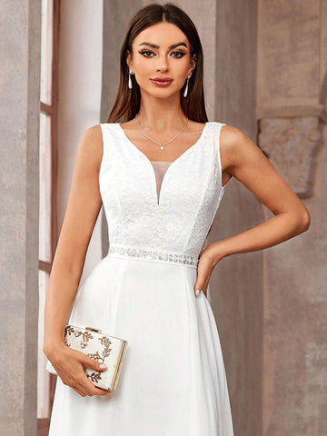 Deep V Neck Lace Bodice Sleeveless Chiffon Split Thigh Wedding Long Dress White Elegant Bridal Dress