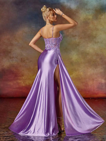 Deep V Neck Spaghetti Split Thigh Evening Party Dress