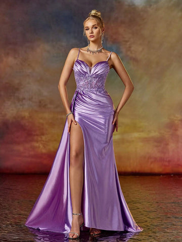 Deep V Neck Spaghetti Split Thigh Evening Party Dress