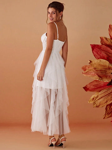 Delicate Lace Contrast Corset Top Sweetheart Sheer Tulle Overlay Spaghetti Strap Wedding Dress White Bridal Shower Dresses