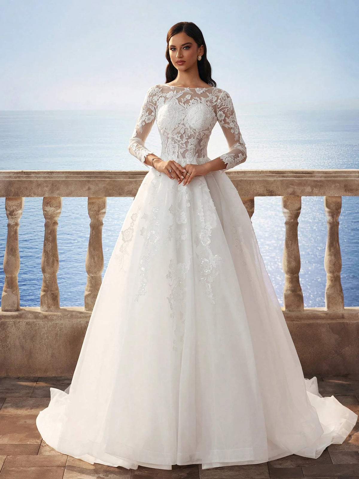 Delicate Lace Fully Embroidered Florence Sheer Mesh Flared Maxi Dress With Train, Elegant Bridal Gown - White