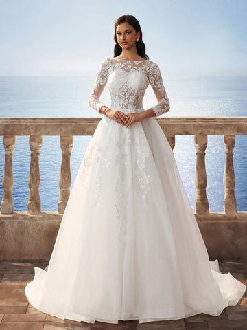Delicate Lace Fully Embroidered Florence Sheer Mesh Flared Maxi Dress With Train, Elegant Bridal Gown - White