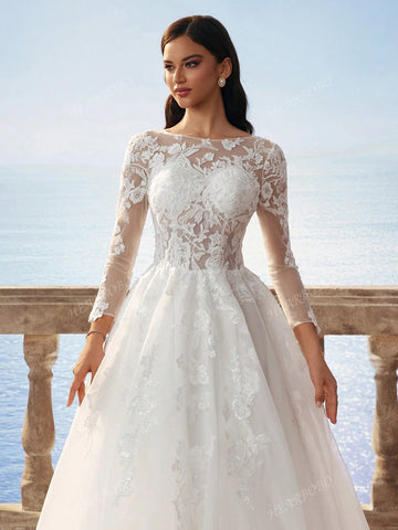 Delicate Lace Fully Embroidered Florence Sheer Mesh Flared Maxi Dress With Train, Elegant Bridal Gown - White