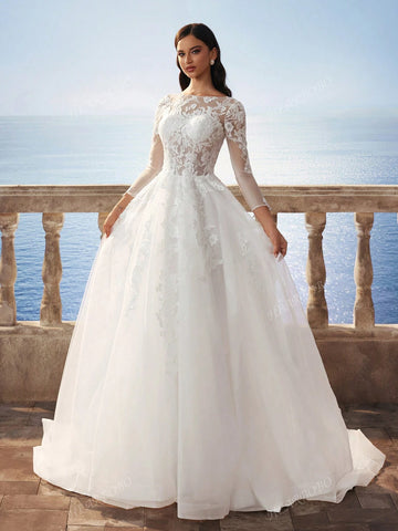 Delicate Lace Fully Embroidered Florence Sheer Mesh Flared Maxi Dress With Train, Elegant Bridal Gown - White