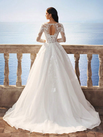 Delicate Lace Fully Embroidered Florence Sheer Mesh Flared Maxi Dress With Train, Elegant Bridal Gown - White