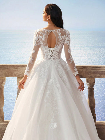 Delicate Lace Fully Embroidered Florence Sheer Mesh Flared Maxi Dress With Train, Elegant Bridal Gown - White