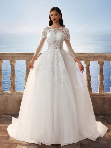 Delicate Lace Fully Embroidered Florence Sheer Mesh Flared Maxi Dress With Train, Elegant Bridal Gown - White