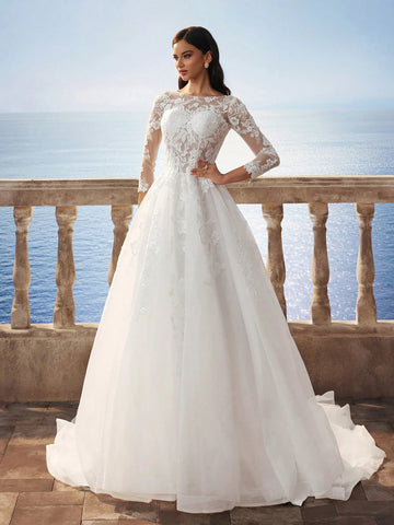 Delicate Lace Fully Embroidered Florence Sheer Mesh Flared Maxi Dress With Train, Elegant Bridal Gown - White