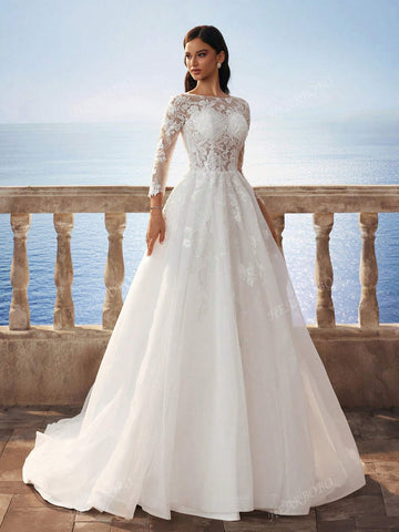 Delicate Lace Fully Embroidered Florence Sheer Mesh Flared Maxi Dress With Train, Elegant Bridal Gown - White