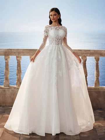 Delicate Lace Fully Embroidered Florence Sheer Mesh Flared Maxi Dress With Train, Elegant Bridal Gown - White