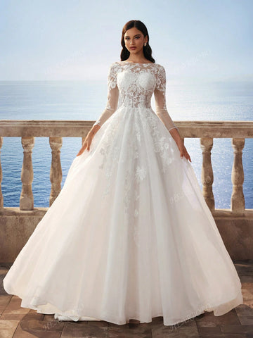 Delicate Lace Fully Embroidered Florence Sheer Mesh Flared Maxi Dress With Train, Elegant Bridal Gown - White