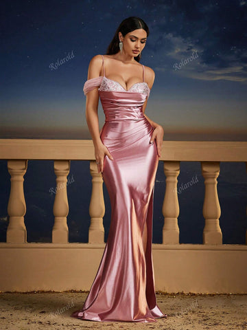 Delicate Pink Satin Spaghetti Strap Bodycon Bridesmaid Wedding Dress
