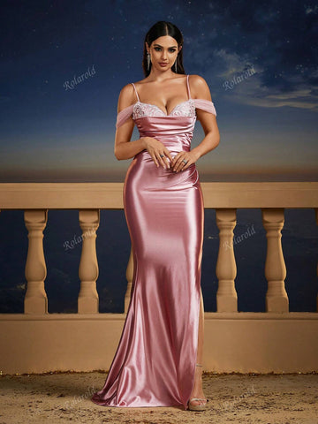 Delicate Pink Satin Spaghetti Strap Bodycon Bridesmaid Wedding Dress