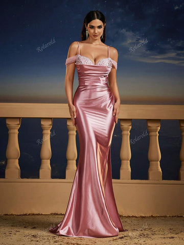 Delicate Pink Satin Spaghetti Strap Bodycon Bridesmaid Wedding Dress