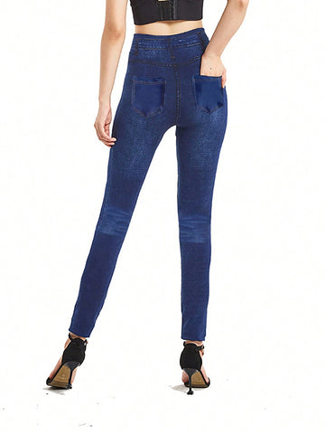 Denim-Effect Print High Waist Leggings