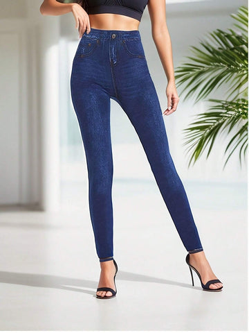 Denim-Effect Print High Waist Leggings